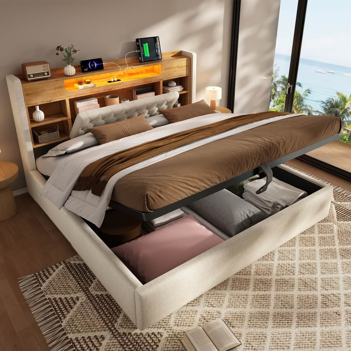6ft Super King Upholstered Storage Bed with Hydraulic Lift - LED Lighting & Charging Station, Linen, Beige