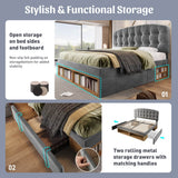 5ft King Velvet Storage Bed - Upholstered Bed Frame with Drawers and Adjustable Headboard, Grey