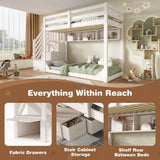 Kids Bunk Bed with Storage Stairs - Solid Wood Bunk Beds with 3 Open Shelves and Wraparound Safety Rails, White