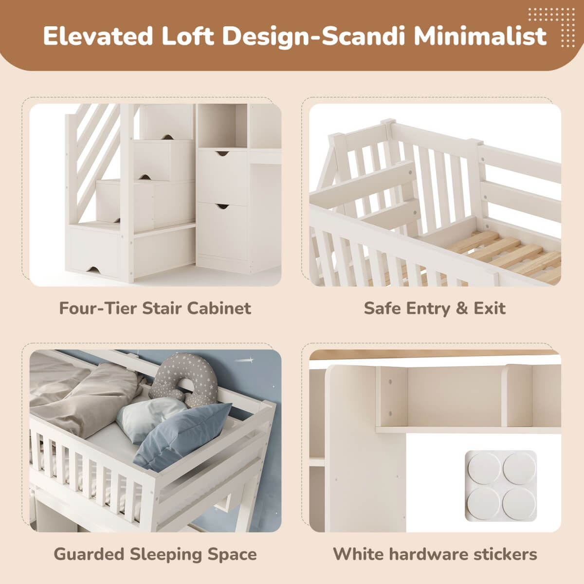 Single High Sleeper Bed with Desk and Storage Stairs - Wooden Loft Bed with Large Corner Desk, Shelves and Safety Guard Rails, White