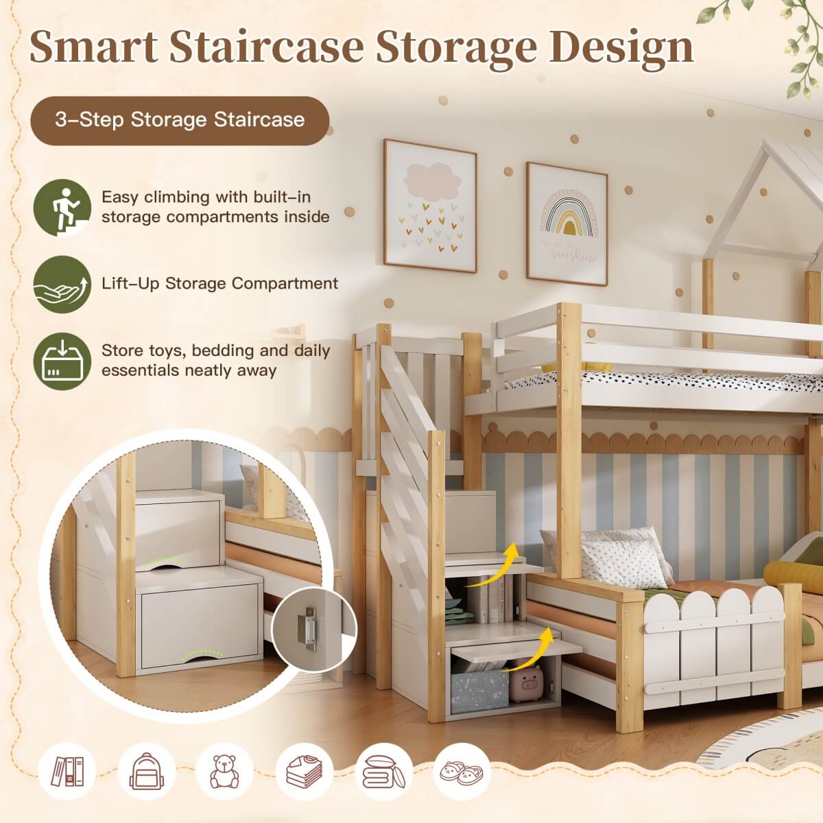 Single Over Double Triple Sleeper Bunk Bed with Storage Stairs - Kids House Bed with Roof and Safety Rails, White and Wood Effect, 90x190cm and 135x190cm