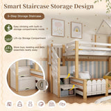 Single Over Double Triple Sleeper Bunk Bed with Storage Stairs - Kids House Bed with Roof and Safety Rails, White and Wood Effect, 90x190cm and 135x190cm