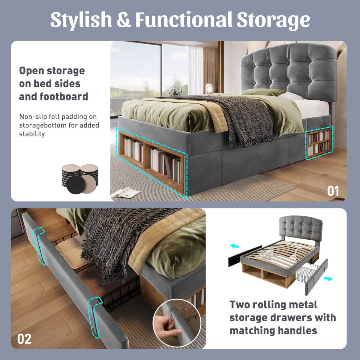 3ft Single Velvet Storage Bed - Upholstered Bed Frame with Drawers and Adjustable Headboard, Grey