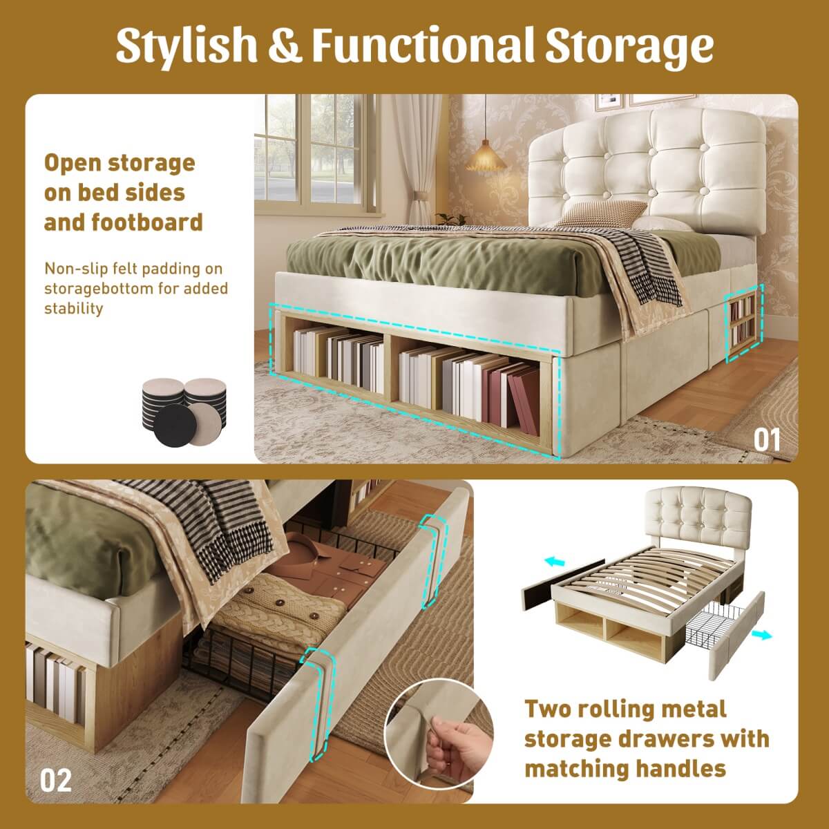 3ft Single Velvet Storage Bed - Upholstered Bed Frame with Drawers and Adjustable Headboard, Beige