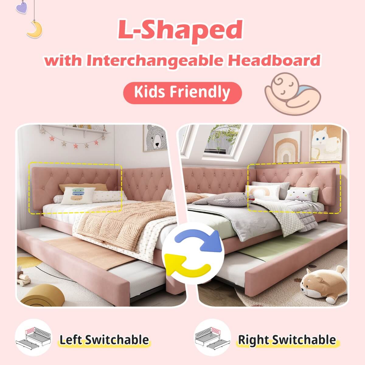 Upholstered Daybed with Pull-Out Bed - 3FT Single Sofa Bed 90x190cm, Trundle Guest Bed with Slatted Frame, Velvet