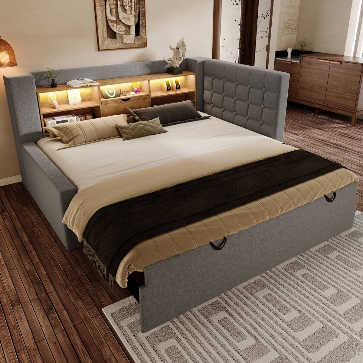 3ft Single Upholstered Sofa Bed with Storage - Linen Daybed with Pull-Out Trundle, USB and Type-C Charging Station, Grey