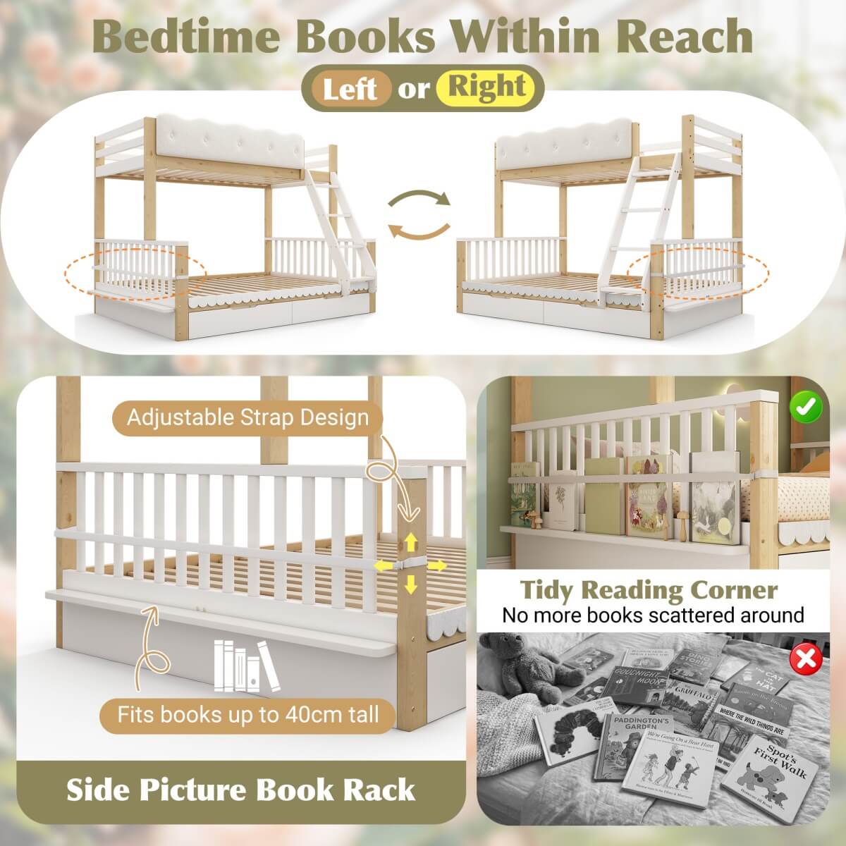 Wooden Bunk Bed for Kids - Single Over Double Bunk Bed with Drawers & Side Bookcase, White & Natural