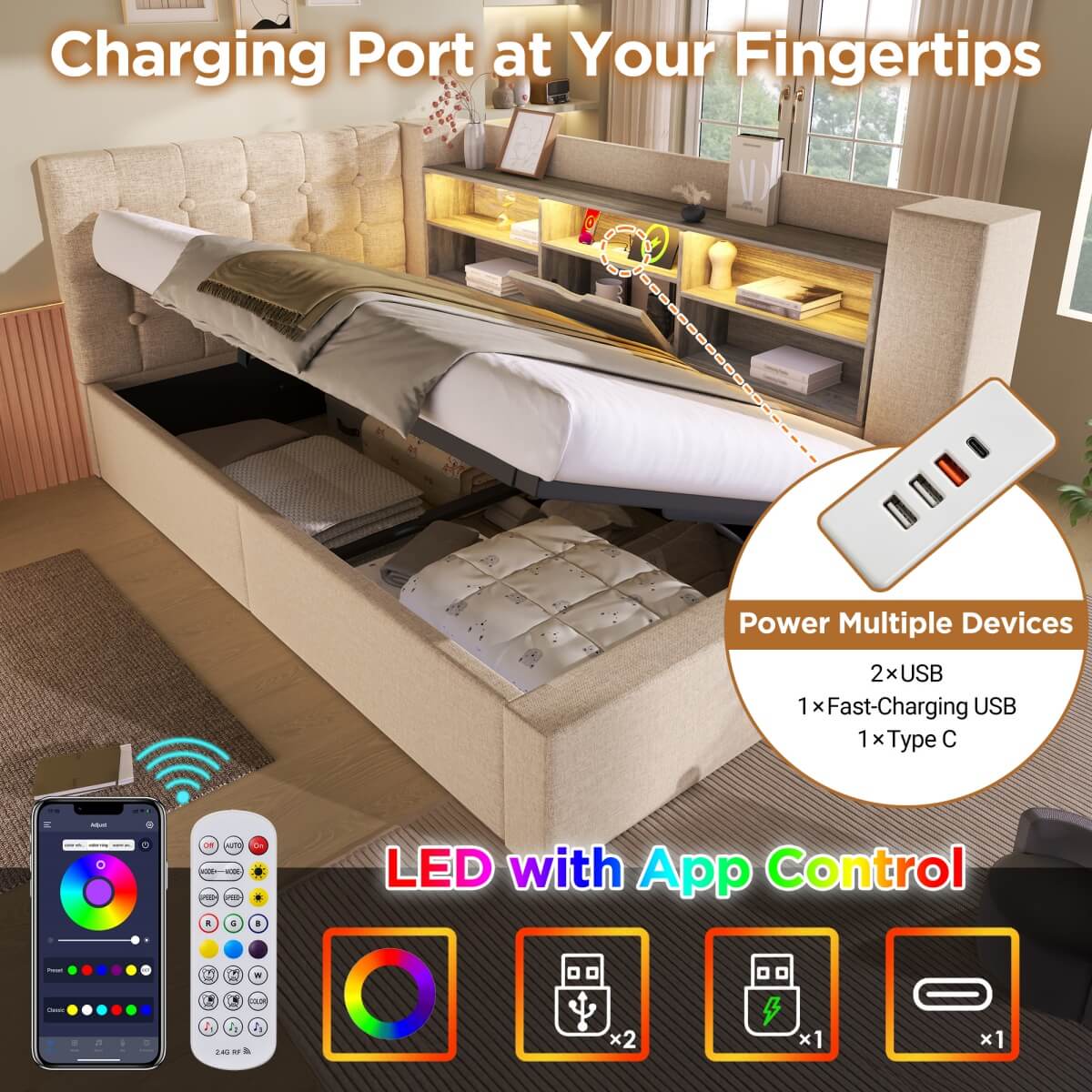 4ft6 Double Upholstered Sofa Bed with Hydraulic Storage - Linen Daybed with USB and Type-C Charging Station, Beige
