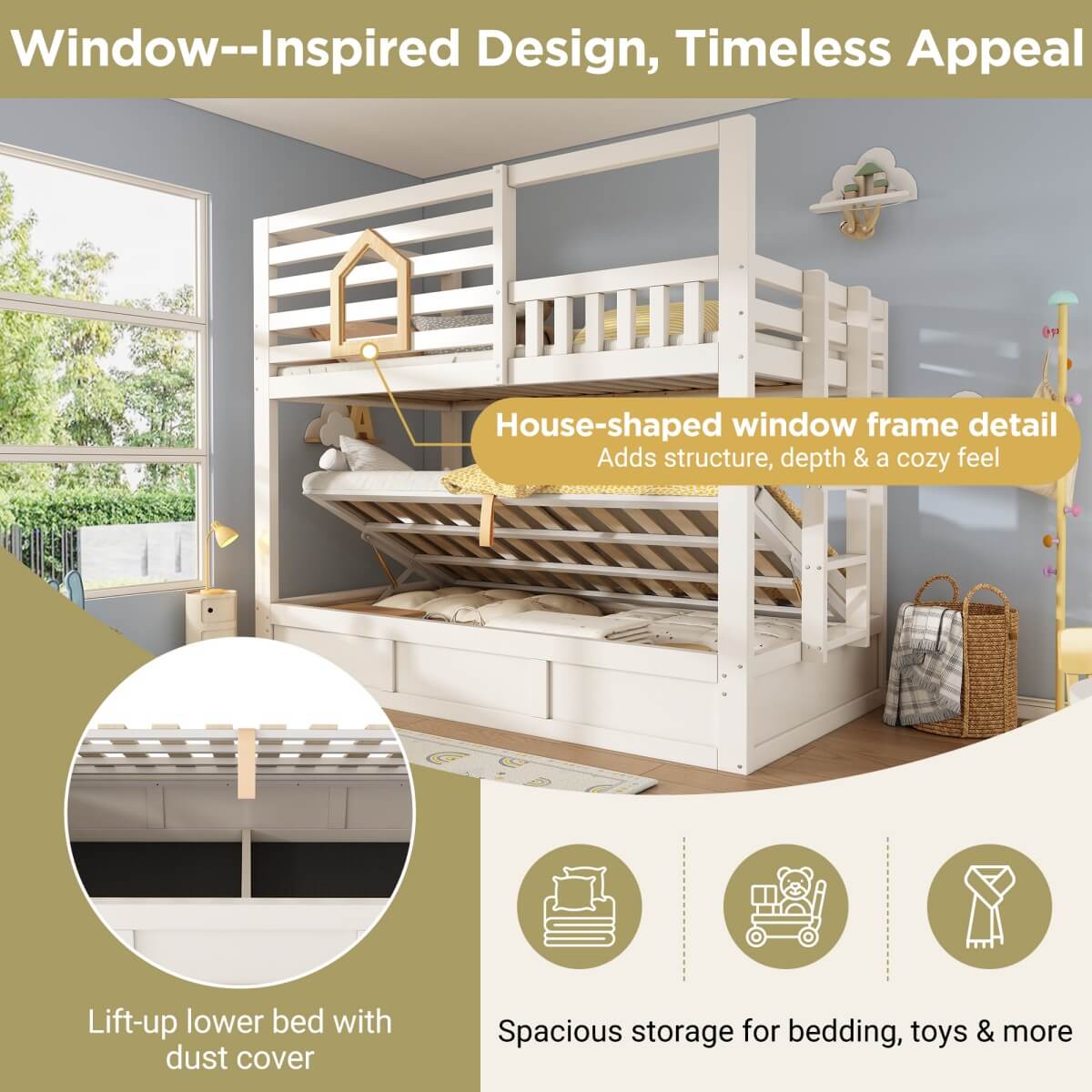 Kids Cabin House Bunk Bed with Storage - Wooden Twin Sleeper Bed with Ladder, White