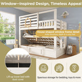 Kids Cabin House Bunk Bed with Storage - Wooden Twin Sleeper Bed with Ladder, White