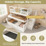 Kids Staircase Bunk Bed with Storage - Wooden Double Bunk Bed with Hydraulic Storage Cubes, White