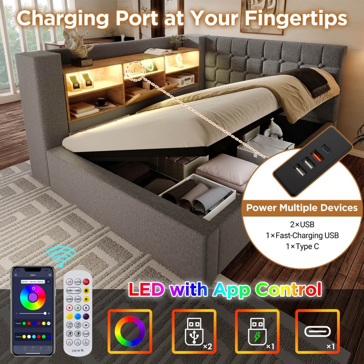 4ft6 Double Upholstered Sofa Bed with Hydraulic Storage - Linen Daybed with USB and Type-C Charging Station, Grey