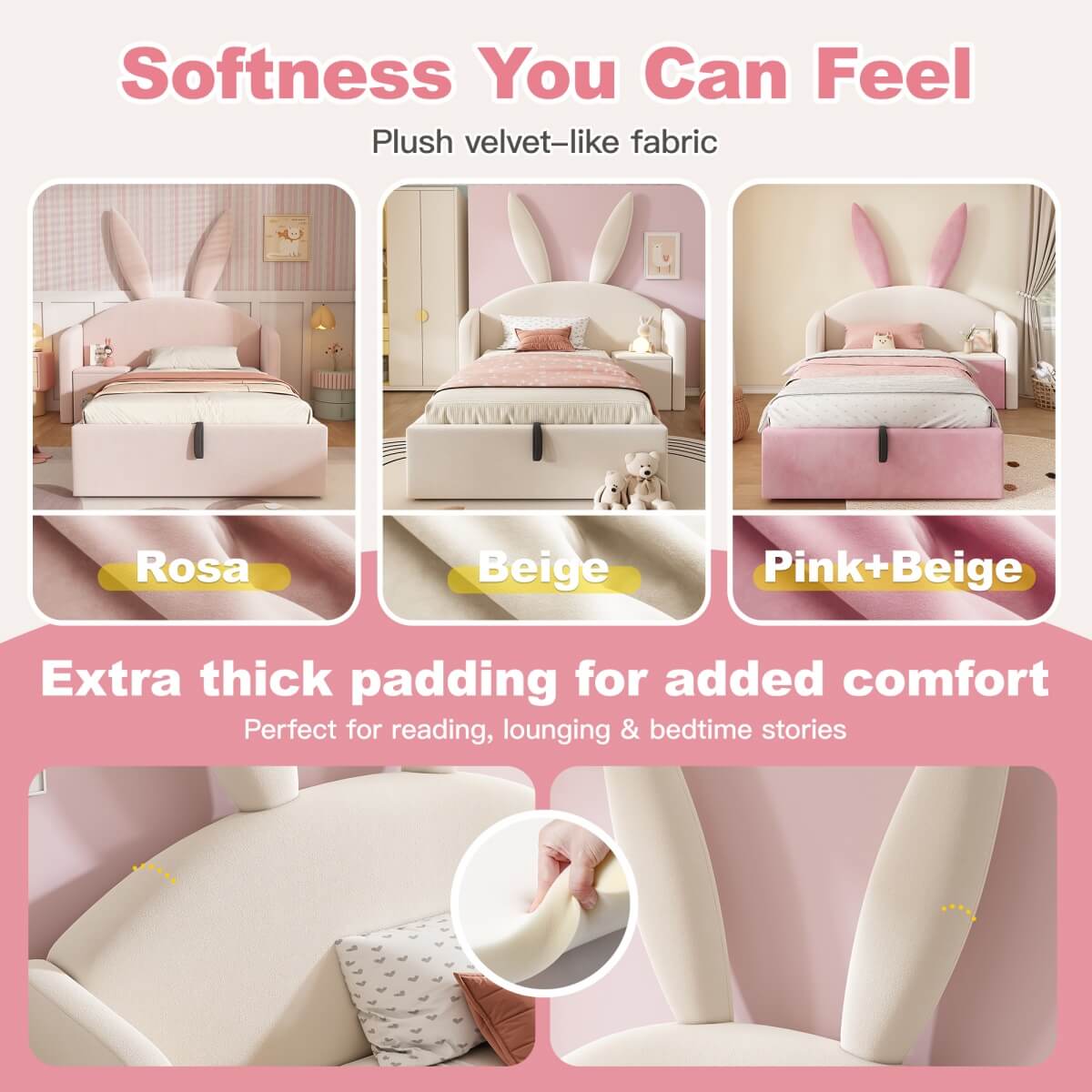 3ft Bunny Ears Kids Storage Bed with Hydraulic Lift & Bedside Shelf - Upholstered Single Bed, Beige