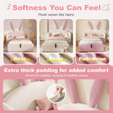 3ft Bunny Ears Kids Storage Bed with Hydraulic Lift & Bedside Shelf - Upholstered Single Bed, Beige & Pink