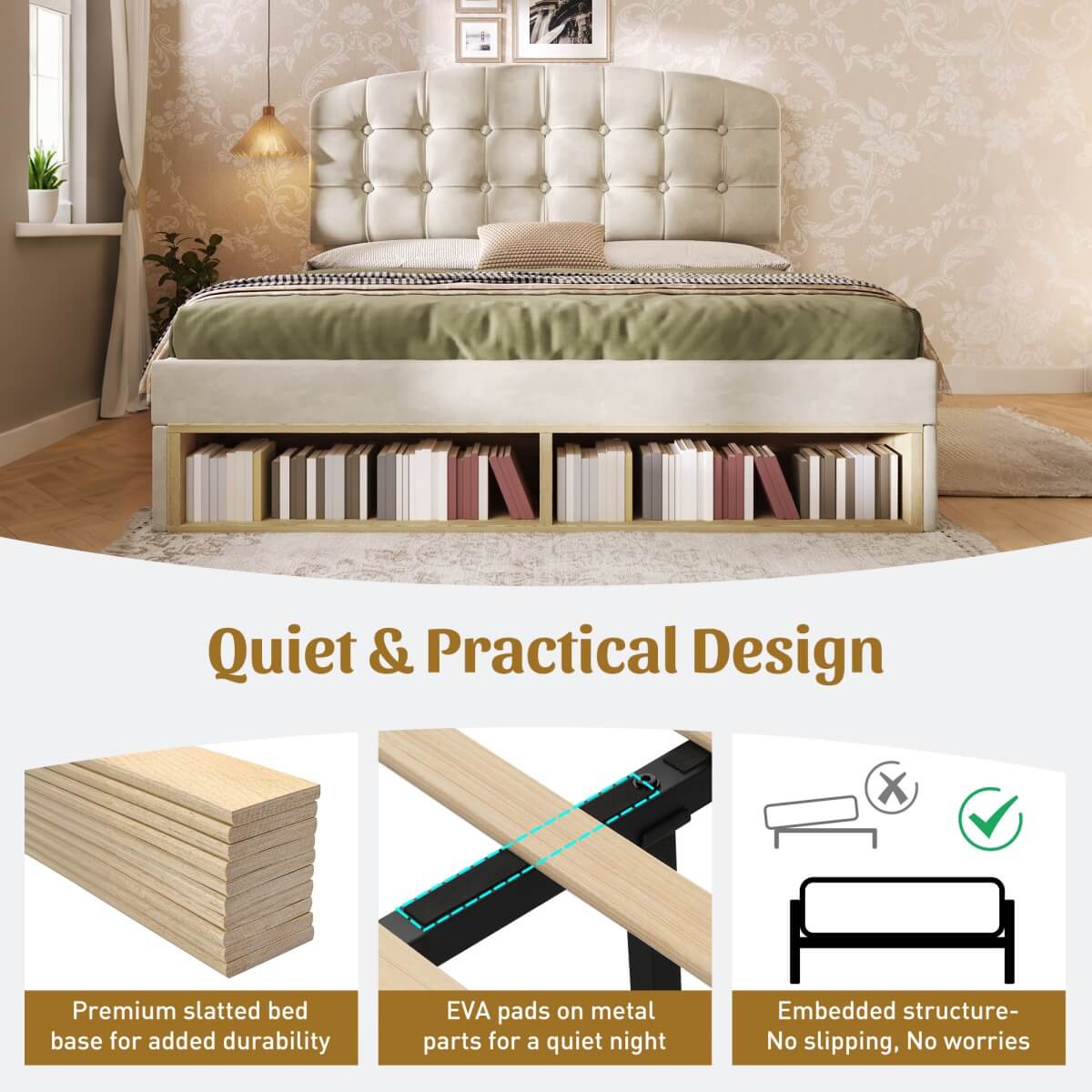 4ft6 Double Velvet Storage Bed - Upholstered Bed Frame with Drawers and Adjustable Headboard, Beige