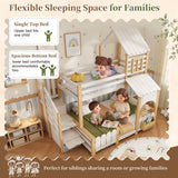 Single Over Double Triple Sleeper Bunk Bed with Storage Stairs - Kids House Bed with Roof and Safety Rails, White and Wood Effect, 90x190cm and 135x190cm
