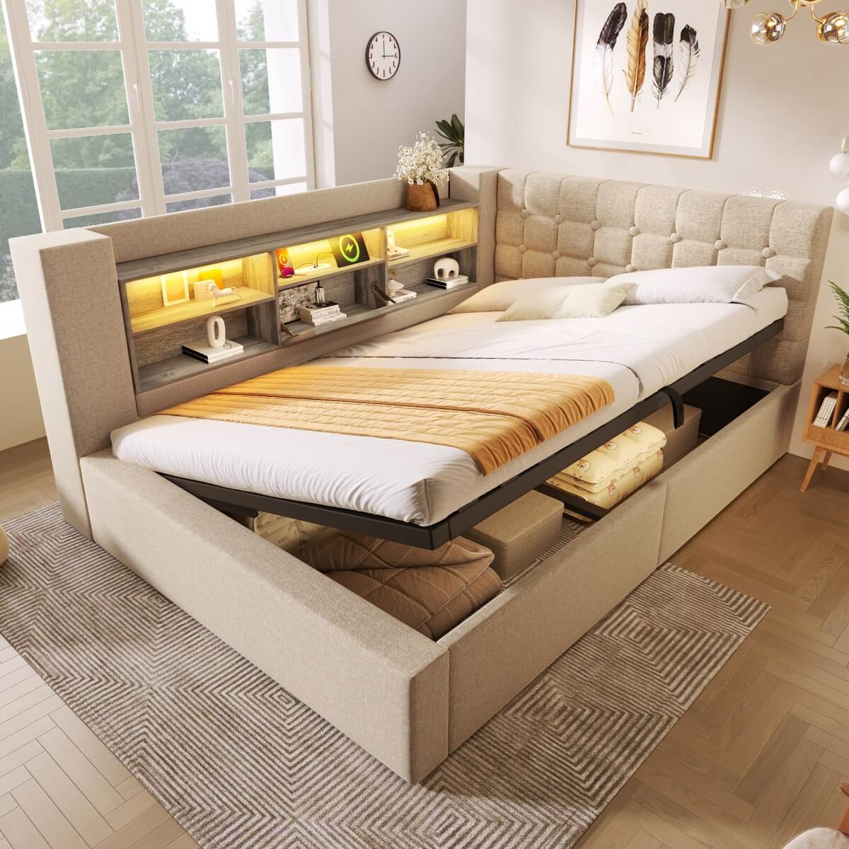 4ft6 Double Upholstered Sofa Bed with Hydraulic Storage - Linen Daybed with USB and Type-C Charging Station, Beige
