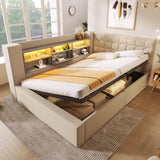 4ft6 Double Upholstered Sofa Bed with Hydraulic Storage - Linen Daybed with USB and Type-C Charging Station, Beige