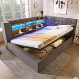 4ft6 Double Upholstered Sofa Bed with Hydraulic Storage - Linen Daybed with USB and Type-C Charging Station, Grey