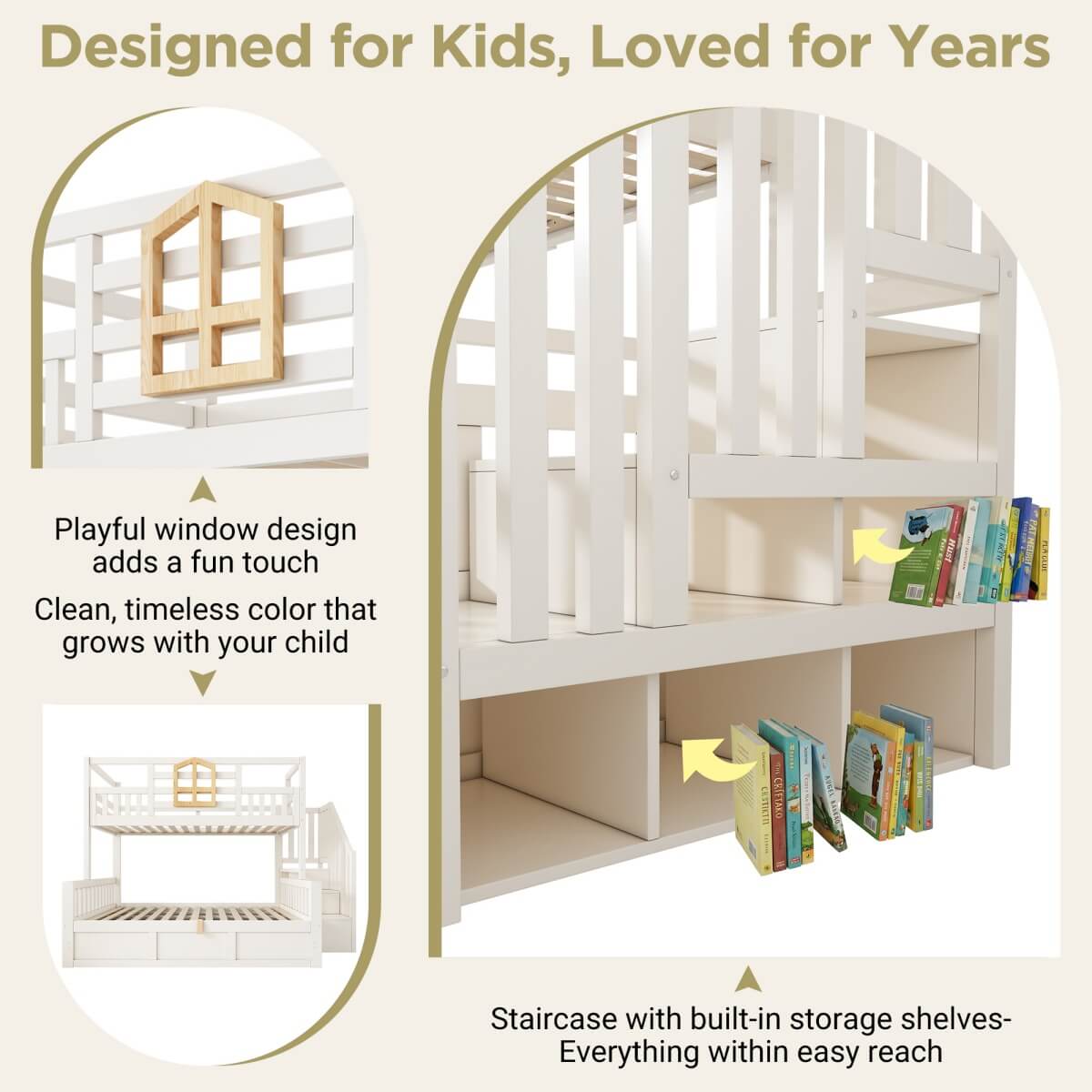 Kids Staircase Bunk Bed with Storage - Wooden Double Bunk Bed with Hydraulic Storage Cubes, White