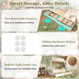 Wooden Bunk Bed for Kids - Single Over Double Bunk Bed with Drawers & Side Bookcase, White & Natural