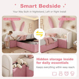 3ft Bunny Ears Kids Storage Bed with Hydraulic Lift & Bedside Shelf - Upholstered Single Bed, Beige & Pink