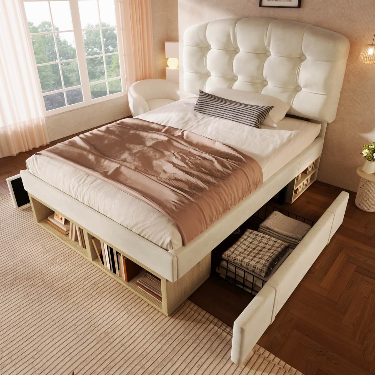 3ft Single Velvet Storage Bed - Upholstered Bed Frame with Drawers and Adjustable Headboard, Beige