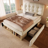 3ft Single Velvet Storage Bed - Upholstered Bed Frame with Drawers and Adjustable Headboard, Beige
