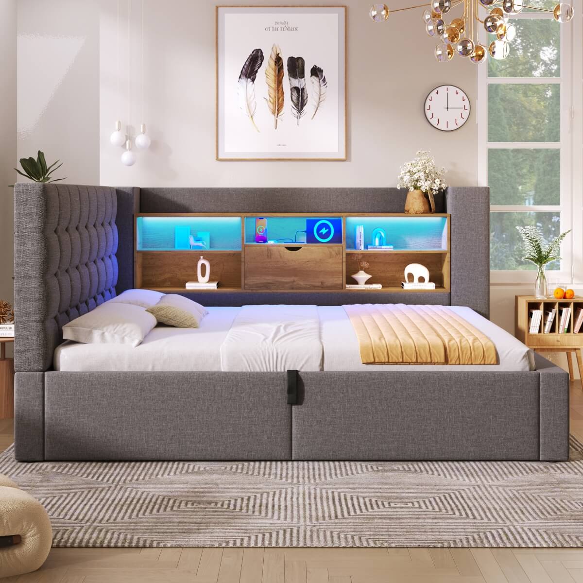 4ft6 Double Upholstered Sofa Bed with Hydraulic Storage - Linen Daybed with USB and Type-C Charging Station, Grey