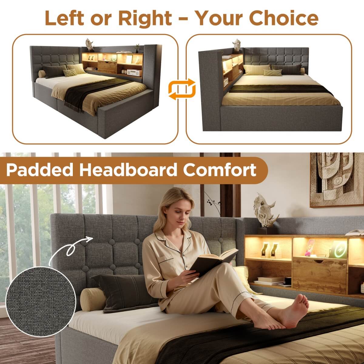 4ft6 Double Upholstered Sofa Bed with Hydraulic Storage - Linen Daybed with USB and Type-C Charging Station, Grey