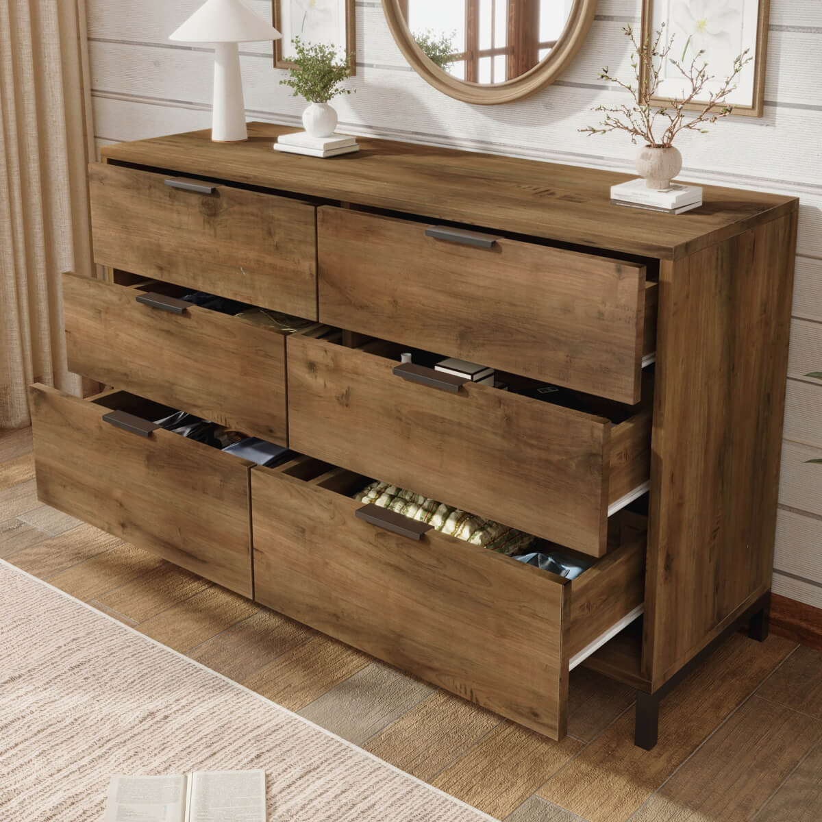 Sideboard Cabinet with 6 Drawers - Dark Oak Storage Unit