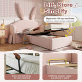 3ft Bunny Ears Kids Storage Bed with Hydraulic Lift & Bedside Shelf - Upholstered Single Bed, Rose