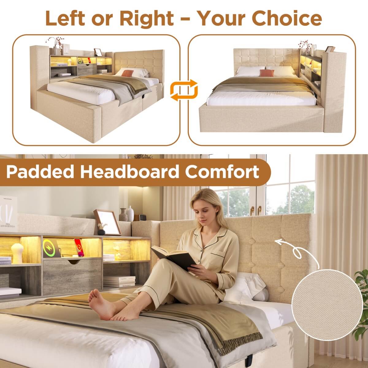 4ft6 Double Upholstered Sofa Bed with Hydraulic Storage - Linen Daybed with USB and Type-C Charging Station, Beige