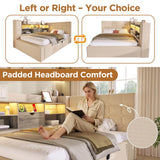 4ft6 Double Upholstered Sofa Bed with Hydraulic Storage - Linen Daybed with USB and Type-C Charging Station, Beige