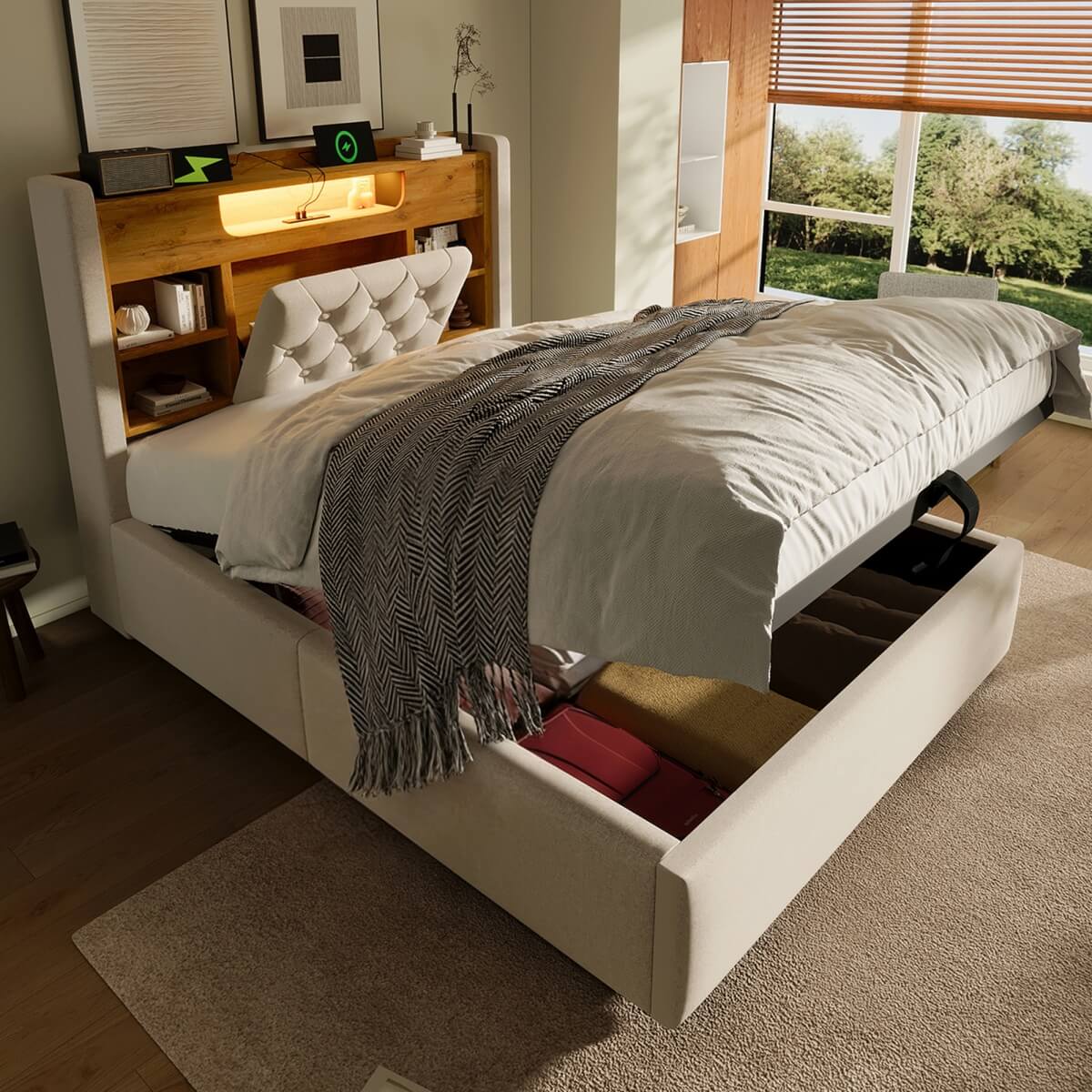 4ft6 Double Upholstered Storage Bed with Hydraulic Lift - LED Lighting & Charging Station, Linen, Beige