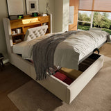 4ft6 Double Upholstered Storage Bed with Hydraulic Lift - LED Lighting & Charging Station, Linen, Beige