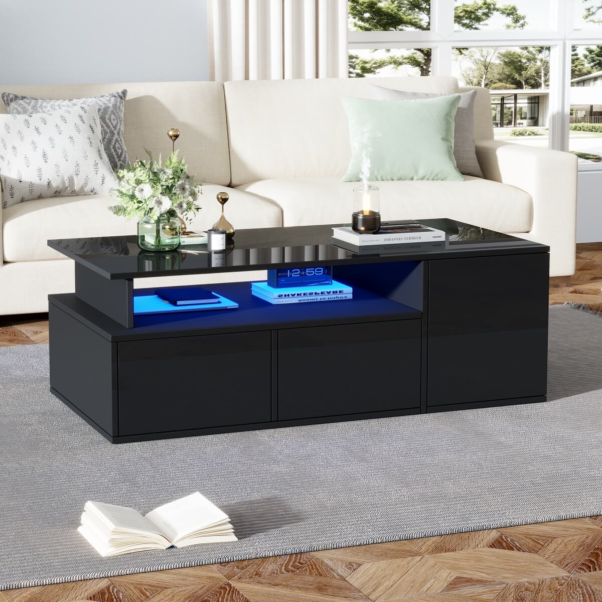 High Gloss Black Coffee Table with LED Lights — Storage Centre Table with 2 Drawers