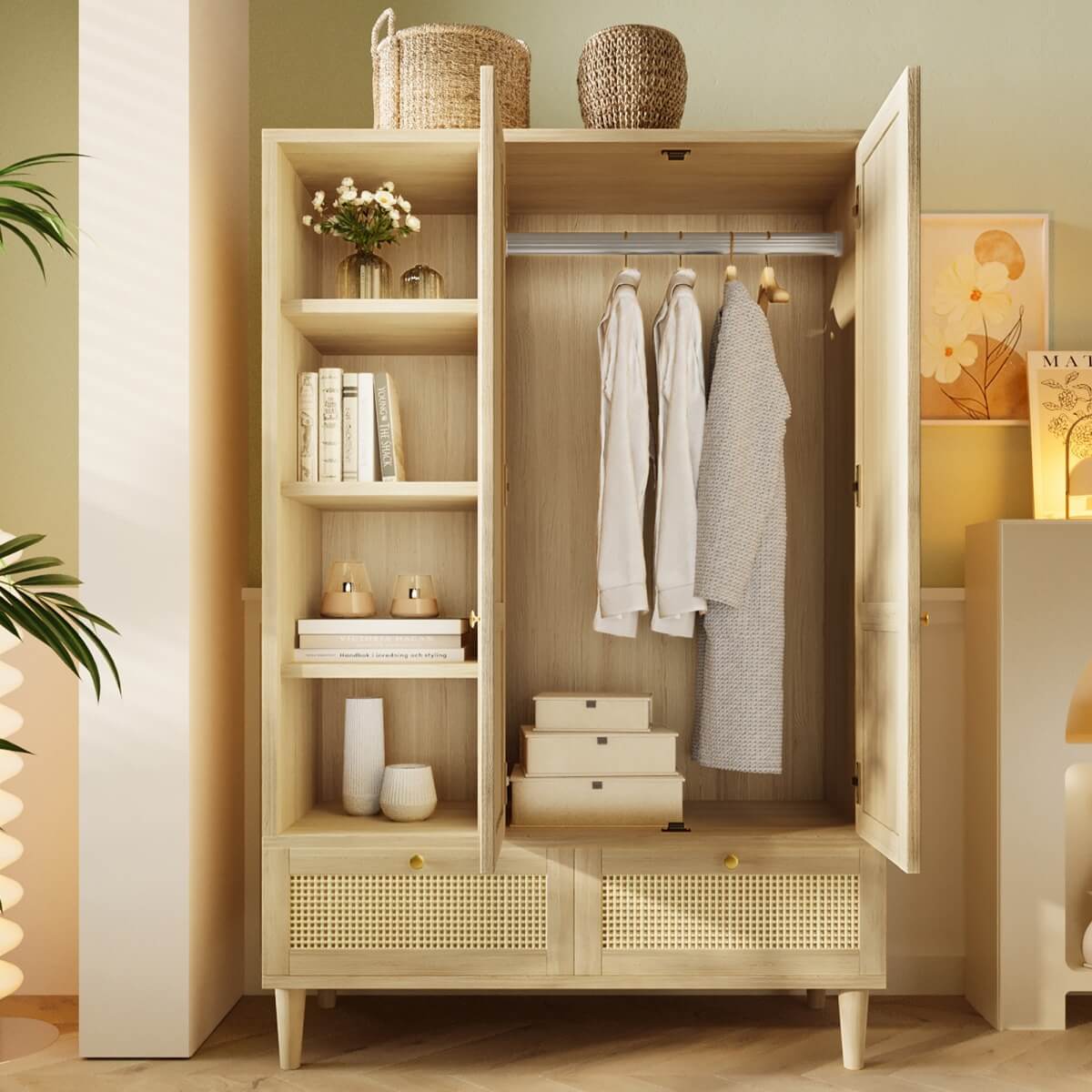 Rattan 2-Door Wardrobe - Hanging Rail, 4 Storage Shelves, 2 Drawers and Anti-Tip Device, Oak Effect