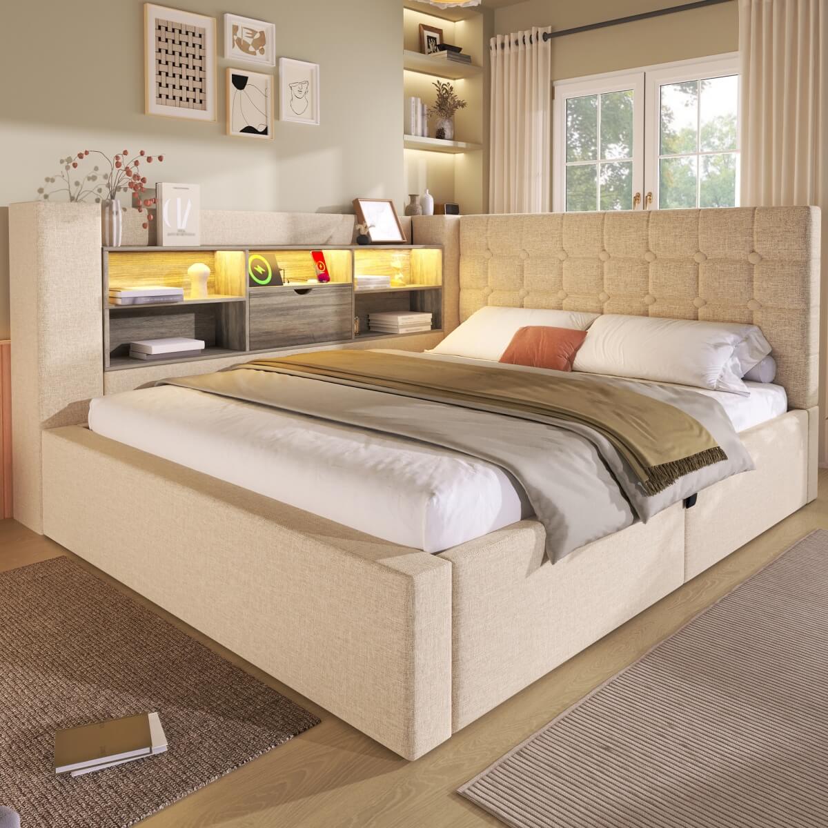 4ft6 Double Upholstered Sofa Bed with Hydraulic Storage - Linen Daybed with USB and Type-C Charging Station, Beige