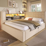 4ft6 Double Upholstered Sofa Bed with Hydraulic Storage - Linen Daybed with USB and Type-C Charging Station, Beige