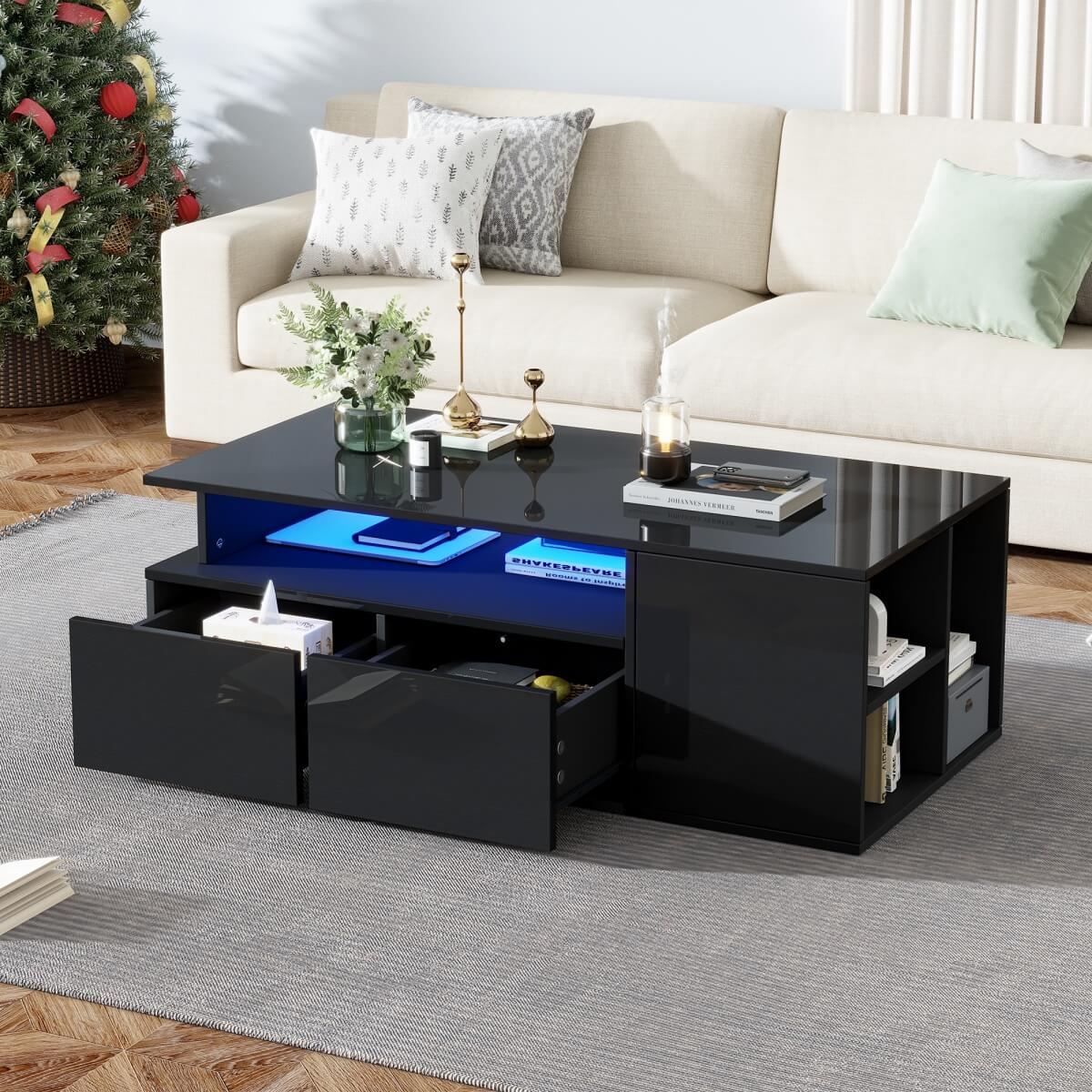 High Gloss Black Coffee Table with LED Lights — Storage Centre Table with 2 Drawers
