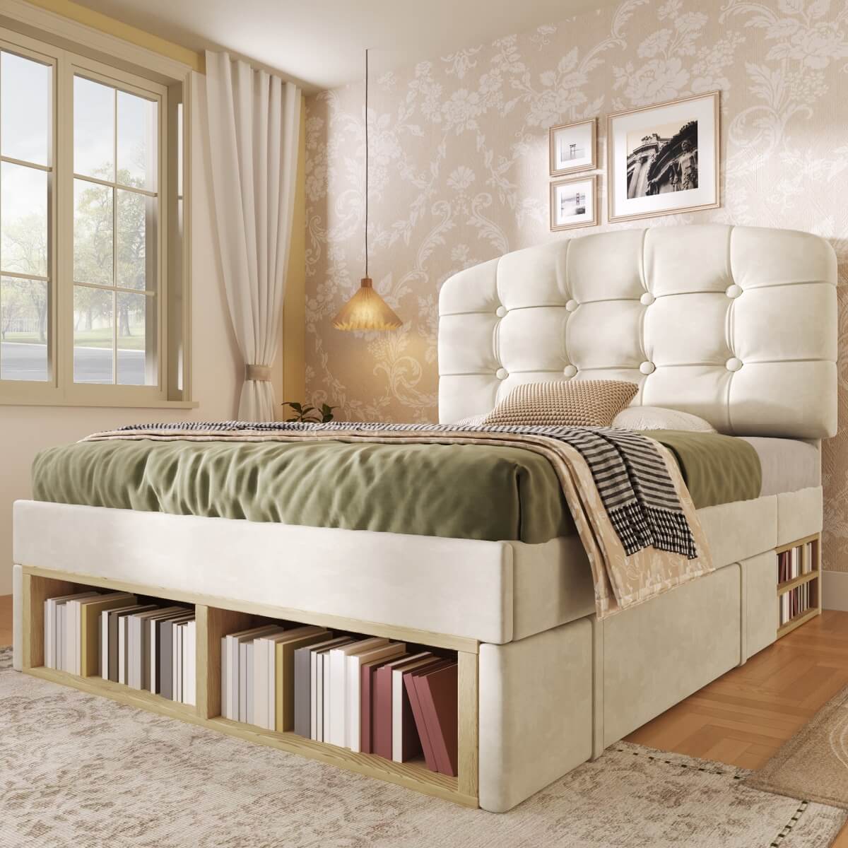 3ft Single Velvet Storage Bed - Upholstered Bed Frame with Drawers and Adjustable Headboard, Beige