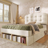 3ft Single Velvet Storage Bed - Upholstered Bed Frame with Drawers and Adjustable Headboard, Beige