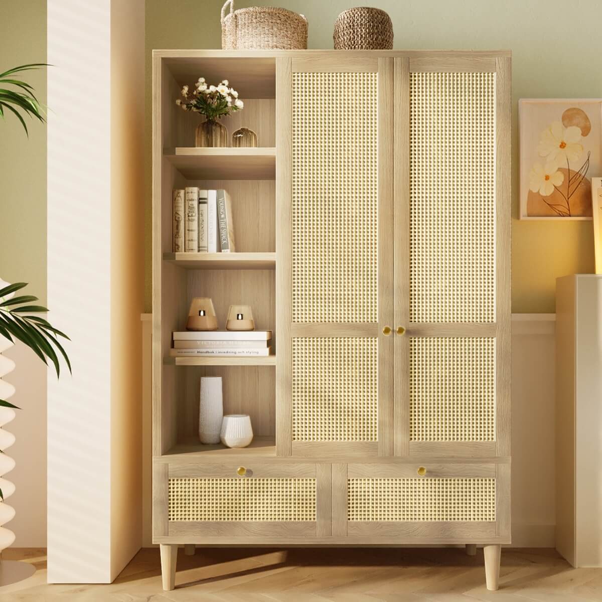 Rattan 2-Door Wardrobe - Hanging Rail, 4 Storage Shelves, 2 Drawers and Anti-Tip Device, Oak Effect