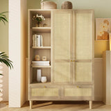 Rattan 2-Door Wardrobe - Hanging Rail, 4 Storage Shelves, 2 Drawers and Anti-Tip Device, Oak Effect