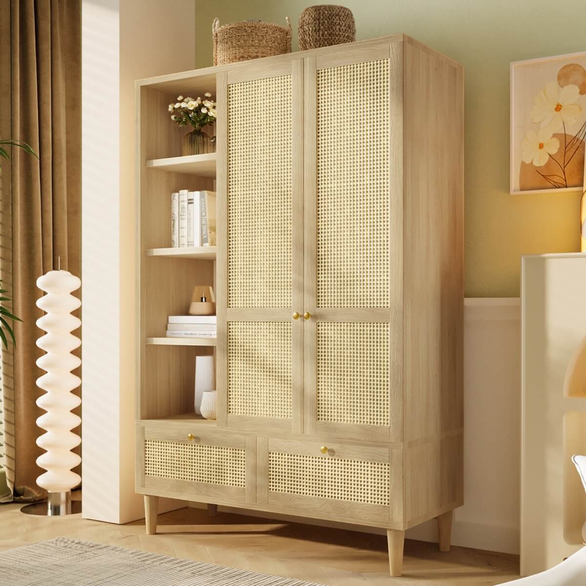 Rattan 2-Door Wardrobe - Hanging Rail, 4 Storage Shelves, 2 Drawers and Anti-Tip Device, Oak Effect