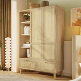 Rattan 2-Door Wardrobe - Hanging Rail, 4 Storage Shelves, 2 Drawers and Anti-Tip Device, Oak Effect