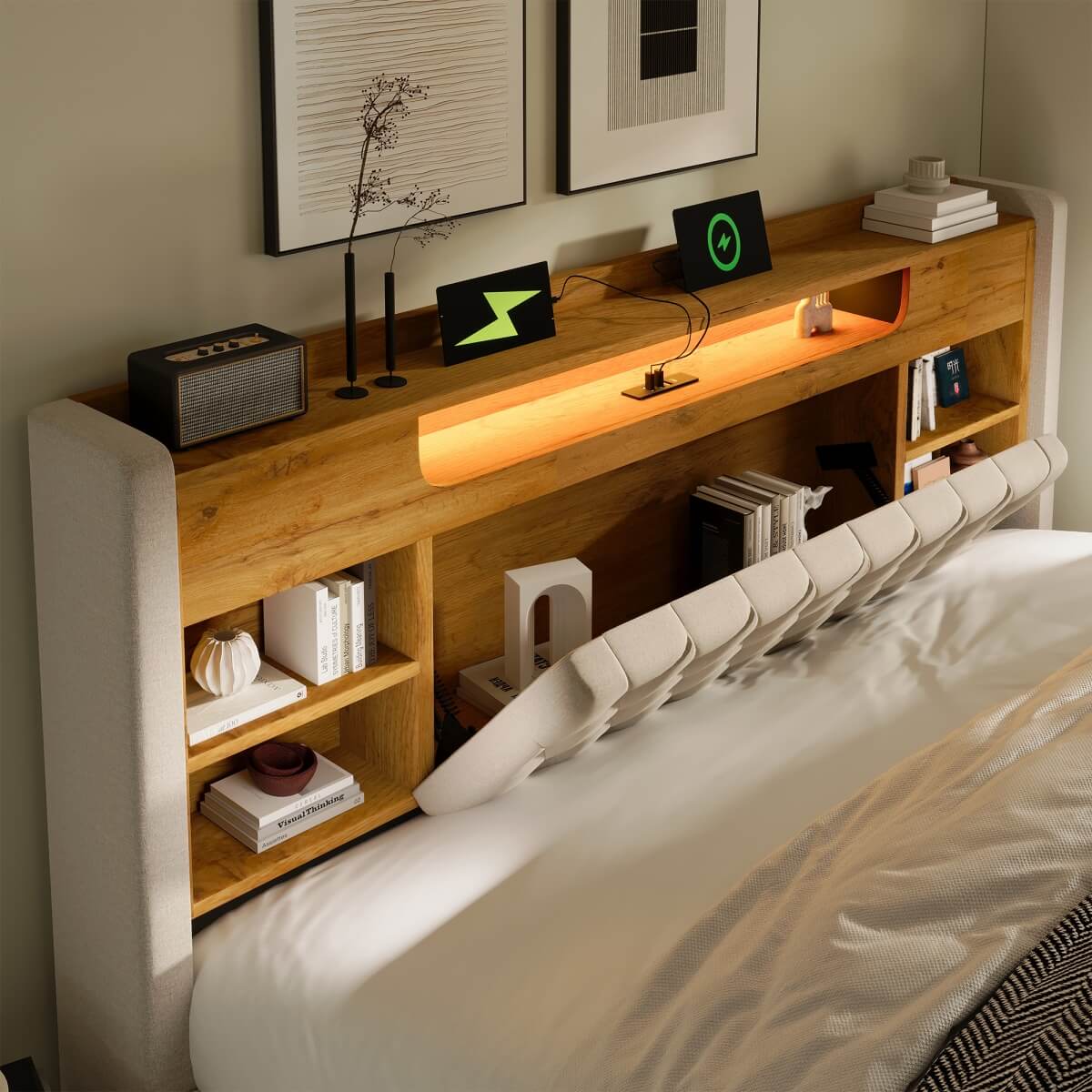 6ft Super King Upholstered Storage Bed with Hydraulic Lift - LED Lighting & Charging Station, Linen, Beige