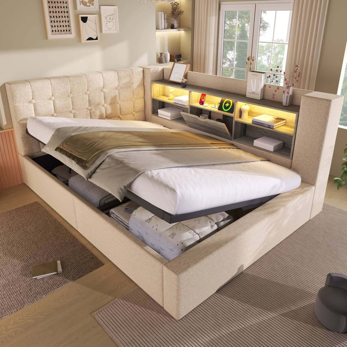 4ft6 Double Upholstered Sofa Bed with Hydraulic Storage - Linen Daybed with USB and Type-C Charging Station, Beige