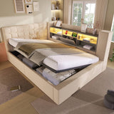 4ft6 Double Upholstered Sofa Bed with Hydraulic Storage - Linen Daybed with USB and Type-C Charging Station, Beige
